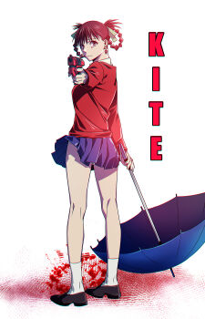 1girl a_kite aiming aiming_at_viewer aneunyeoja blood blood_on_ground blue_skirt blue_umbrella braid braided_hair_rings brown_hair commentary copyright_name english_commentary full_body green_ribbon gun hair_rings highres holding holding_gun holding_umbrella holding_weapon loafers looking_at_viewer looking_back miniskirt panties pantyshot pendant_earring pleated_skirt red_eyes red_shirt ribbon sawa_(kite) shirt shoes skirt socks umbrella underwear upskirt weapon white_background white_socks