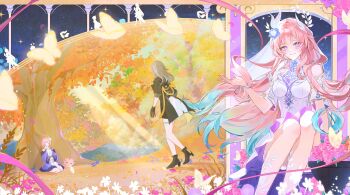 Rule 34 | 3girls, aqua hair, black coat, black gloves, breasts, bridal veil, chimera (honkai: star rail), closed eyes, coat, commentary, cyrene (demiurge) (honkai: star rail), cyrene (honkai: star rail), cyrene (philia093) (honkai: star rail), diamond-shaped pupils, diamond (shape), gloves, grey hair, highres, honkai: star rail, honkai (series), large breasts, long hair, looking at viewer, los-sin, medium hair, mem (honkai: star rail), multicolored hair, multiple girls, pink hair, purple eyes, resting, short hair, smile, stelle (honkai: star rail), symbol-shaped pupils, trailblazer (honkai: star rail), tree, two-tone hair, veil, very long hair