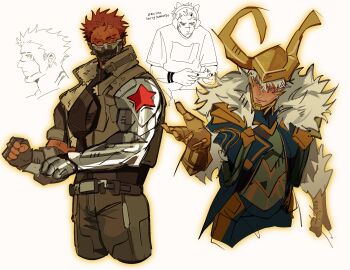 2boys absurdres alternate_costume alternate_skin_color asymmetrical_sleeves belt black_belt black_shirt blue_suit brown_pants brown_vest burn_scar clenched_hand cloak closed_mouth commentary controller cosplay cropped_legs cropped_vest curled_horns earphones english_commentary eyebrow_cut facial_tattoo fake_horns film_grain fingerless_gloves formal_clothes fur-trimmed_cloak fur_sleeves fur_trim game_controller gamepad gloves gojou_satoru gold_gloves gold_helmet gold_trim green_suit hand_up helmet highres horned_helmet horns jitome jujutsu_kaisen light_smile loki_(marvel) loki_(marvel)_(cosplay) looking_ahead male_focus marvel marvel_rivals mask mole mole_under_eye mouth_mask multiple_boys neck_tattoo one_eye_closed open_clothes open_vest outer_glow outline pants pink_hair playing_games profile prosthesis prosthetic_arm red_eyes ryoumen_sukuna_(jujutsu_kaisen) scar scar_across_eye scar_on_face shirt short_hair short_sleeves sketch_inset sleeves_rolled_up suit tan tattoo to_0fu turtleneck two-tone_suit vest white_background white_fur white_hair winter_soldier winter_soldier_(cosplay) yellow_outline