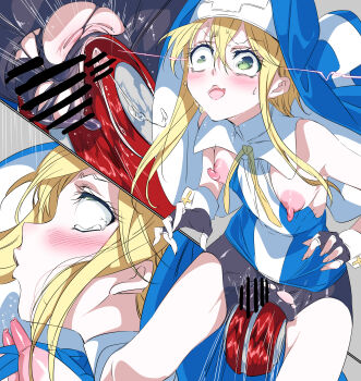 1boy absurdres ball_busting bar_censor bdsm bike_shorts blonde_hair blush breasts breasts_out bridget_(guilty_gear) cbt censored cross cross_print dashed_eyes fingerless_gloves gloves green_eyes guilty_gear guilty_gear_xx hair_between_eyes highres long_nipples long_sidelocks male_focus motion_lines multiple_views neck_ribbon nun open_mouth pokonyan_(gr1lz) profile ribbon rolling_eyes sidelocks solo sweatdrop tearing_up torn_bike_shorts torn_clothes trap uneven_eyes wavy_mouth white_wrist_cuffs wide-eyed wrist_cuffs yellow_ribbon yo-yo