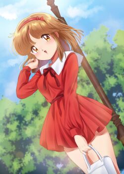 1girl bag belt blue_sky blurry blurry_background bow bow_hairband brown_eyes brown_hair commentary_request cowboy_shot dress dutch_angle hairband hand_in_own_hair hand_up highres holding holding_bag lamppost looking_at_viewer medium_hair nanako_(nanako_sos) nanako_sos neck_ribbon nka_46 open_mouth outdoors red_belt red_bow red_dress red_hairband red_ribbon ribbon sailor_collar short_dress sky smile solo standing tree white_bag white_sailor_collar