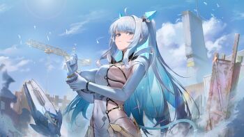 1girl blue_eyes blue_hair bodysuit breasts cable cable_tail clenched_hand closed_mouth colored_inner_hair daiblos_core expressionless game_cg headgear kunlun_sp_(daiblos_core) looking_at_viewer mechanical_tail multicolored_hair non-web_source official_art ruins tail two-tone_hair white_hair