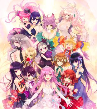 ahoge aphrodite_(phantom_of_the_kill) artemis_(phantom_of_the_kill) ascalon_(phantom_of_the_kill) bindi black_hair blonde_hair blue_eyes blush bow breasts bridal_gauntlets brown_eyes brown_hair cleavage dark-skinned_female dark_skin dress earrings facial_mark flower forcas forehead_mark freikugel green_eyes grey_hair grimoire_(phantom_of_the_kill) hair_between_eyes hair_ornament hair_ribbon hairclip hat hat_ribbon hug jewelry laevateinn_(phantom_of_the_kill) large_breasts light_purple_hair long_hair longinus_(phantom_of_the_kill) looking_at_viewer low_twintails masamune_(phantom_of_the_kill) medium_breasts multicolored_hair multiple_girls muramasa_(phantom_of_the_kill) necklace official_art open_mouth parashu phantom_of_the_kill pink_eyes pink_hair ponytail purple_eyes purple_hair red_eyes red_hair ribbon rose short_hair shu_(phantom_of_the_kill) sideboob skirt smile strapless strapless_dress stuffed_toy tiara twintails two-tone_hair tyrfing_(phantom_of_the_kill) vanargand_(phantom_of_the_kill) very_long_hair yellow_eyes