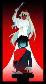 1girl 1other absurdres black_unitard blonde_hair blue_skin cape colored_skin commentary deltarune english_commentary gloves goomyloid highres holding holding_knife knife kris_(dark_world)_(deltarune) kris_(deltarune) long_hair noelle_holiday noelle_holiday_(dark_world) red_background red_cape red_eyes robe short_hair side_cape utdr_(toby_fox) very_long_hair white_gloves white_robe