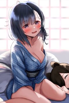 2girls :d animal_ears arms_between_legs black_sash blue_eyes blue_hair blue_kimono blush breasts cleavage closed_eyes closed_mouth collarbone commentary_request hair_over_one_eye highres horse_ears horse_girl indoors japanese_clothes kimono kiryuuin_aoi looking_at_viewer lying medium_breasts medium_hair multiple_girls obi off_shoulder on_side open_mouth purple_eyes rice_shower_(umamusume) sash sg_(esujii) sitting sleeping smile umamusume wariza