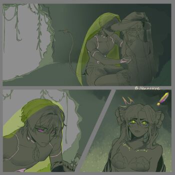 ! 1boy 1girl ^^^ absurdres alternate_hairstyle alternate_headwear alternate_species bare_shoulders bloomers blunt_ends blush bodysuit bow braid bridal_gauntlets cave choker collarbone cross-shaped_pupils earrings eyelashes feathers fingernails genshin_impact glowing_markings green_eyes green_veil hair_between_eyes hair_bow hair_intakes hakama hakama_shorts half_up_braid hat heartbye_(lollybomb12) highres indoors japanese_clothes jewelry long_hair looking_at_another mona_(genshin_impact) monochrome mouse_tail parted_bangs parted_lips pink_eyes pink_lips plant pleated_shorts rat_boy scaramouche_(genshin_impact) see-through_clothes see-through_veil shaded_face short_eyebrows shorts sidelocks sitting squatting star_(symbol) star_earrings strapless sweatdrop symbol-shaped_pupils tail tsurime twintails underwear undressing_another veil vines wanderer_(genshin_impact) wispy_bangs witch_hat