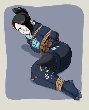 1girl absurdres arms_behind_back ass bdsm black_hair blue_eyes blush body_blush bondage bound bound_ankles cleave_gag cloth_gag gag gagged hair_ornament hair_over_one_eye highres improvised_gag lost_one_zero mai_(pokemon) nintendo pantyhose pokemon pokemon_legends:_arceus rope