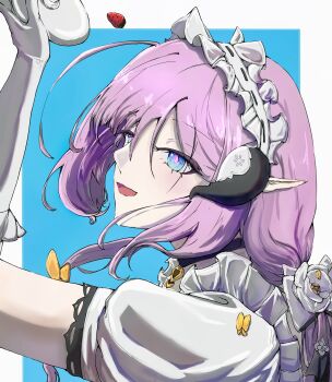 Rule 34 | 1girl, black horns, blue background, blue eyes, border, bug, butterfly, chinese commentary, commentary request, elf, elysia (honkai impact), elysia (miss pink) (honkai impact), elysia (miss pink elf) (honkai impact), fake horns, food, from side, fruit, gloves, highres, holding, holding plate, honkai (series), honkai impact 3rd, horns, insect, long hair, maid, maid headdress, official alternate costume, pink hair, plate, pointy ears, puffy short sleeves, puffy sleeves, short sleeves, simple background, solo, strawberry, upper body, very long hair, white border, white gloves, zhu sheng jin se
