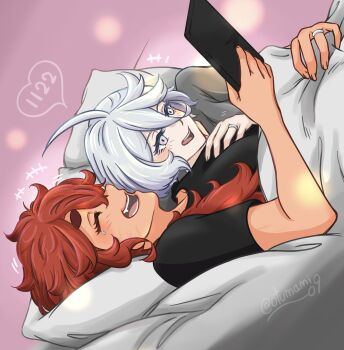 2girls black_shirt blush closed_eyes commentary_request cuddling grey_eyes grey_hair grey_shirt gundam gundam_suisei_no_majo highres holding holding_tablet_pc ii_fuufu_no_hi jewelry long_hair miorine_rembran multiple_girls open_mouth otsunami red_hair ring shirt sideways smile suletta_mercury tablet_pc tears thick_eyebrows under_covers wedding_ring wife_and_wife yuri