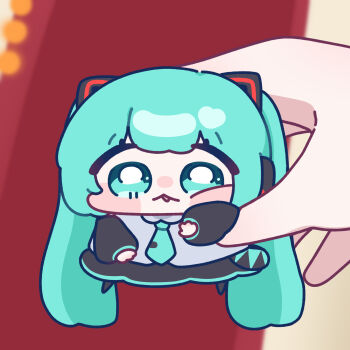 absurdly_long_hair aqua_eyes aqua_hair aqua_necktie black_sleeves chibi hatsune_miku held_up highres long_hair necktie open_mouth squishing twintails very_long_hair vocaloid yananang