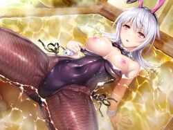 Rule 34 | 1girl, amamiya shisui, animal ears, bare shoulders, blush, bow, bowtie, breasts, brown eyes, cuffs, detached collar, fake animal ears, fishnet pantyhose, fishnets, game cg, large breasts, leotard, lilith-soft, long hair, lying, nervous, nipples, on back, open mouth, pantyhose, pulling own clothes, rabbit ears, sauna, spread legs, steam, strapless, strapless leotard, taimanin (series), taimanin rpgx, water, wet, wet clothes, white hair