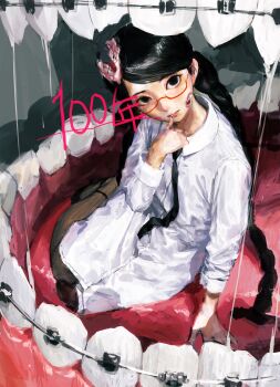 1girl black_hair black_necktie body_horror braces braid glasses hatena_(nazequestion) highres imminent_vore long_hair necktie original painterly teeth