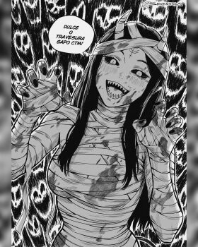 1girl bandaged_head bandages blood blood_on_face breasts claw_pose cleavage colored_sclera commentary demon_girl demon_horns facial_mark forehead_mark greyscale highres horns instagram_username medium_breasts monochrome mummy_costume naked_bandage open_mouth original pillarboxed seveninks sharp_teeth smile solo spanish_text teeth translation_request underboob upper_body