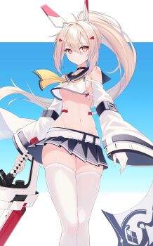 Rule 34 | 1girl, ayanami (azur lane), ayanami (retrofit) (azur lane), azur lane, bandaid, bandaid on arm, belt, belt buckle, blue sailor collar, blue skirt, breasts, buckle, choker, crop top, detached sleeves, hair between eyes, hair intakes, hair ornament, headgear, high ponytail, highres, holding, holding sword, holding weapon, light brown hair, long hair, looking at viewer, lows., medium breasts, midriff, miniskirt, navel, pleated skirt, ponytail, red eyes, rigging, sailor collar, school uniform, serafuku, shiny skin, sideboob, skirt, small breasts, standing, sword, thick thighs, thighhighs, thighs, underboob, very long hair, weapon, white thighhighs, wide sleeves, zettai ryouiki