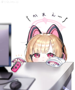 1girl :< amanatsu_uni animal_ear_headphones animal_ears blonde_hair blue_archive blurry blurry_foreground cat_ear_headphones cat_ears commentary_request computer_mouse controller fake_animal_ears halo headphones highres joystick light_blush long_sleeves momoi_(blue_archive) monitor notice_lines pink_halo red_eyes simple_background solo swept_bangs table translation_request