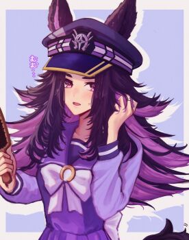 1girl animal_ears black_hair blush bow bowtie commentary_request ears_through_headwear fenomeno_(umamusume) flipped_hair hair_brush hat highres holding holding_brush horse_ears horse_girl horse_tail horseshoe_hat_ornament horseshoe_ornament long_hair long_sleeves looking_at_viewer multicolored_hair open_mouth peaked_cap purple_eyes purple_hair purple_sailor_collar purple_serafuku purple_shirt purple_skirt sailor_collar sailor_shirt school_uniform serafuku shirt skirt smile solo tail tracen_school_uniform umamusume und0- upper_body white_bow white_bowtie
