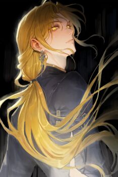 Rule 34 | 1boy, adam's apple, aegyo sal, black background, black shirt, blonde hair, closed mouth, commentary request, curtained hair, earrings, eruhaben, from behind, glowing, glowing eyes, highres, jewelry, korean commentary, lips, long hair, long sleeves, looking at viewer, looking back, lout of count's family, low ponytail, male focus, monchya 33, parted bangs, ponytail, shirt, sidelocks, simple background, solo, upper body, very long hair, yellow eyes