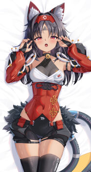1girl absurdres animal_ear_fluff animal_ears bare_shoulders bell black_hair black_shorts black_thighhighs blush breasts bridal_gauntlets brown_eyes cat_ears cat_girl cat_tail commentary_request corset covered_navel detached_sleeves dokimaru forehead_tattoo hairband halter_shirt halterneck highres jingle_bell long_hair looking_at_viewer neck_bell nekomiya_mana open_mouth parted_bangs ponytail red_corset short_shorts shorts sidelocks small_breasts solo tail tattoo thighhighs thighs zenless_zone_zero