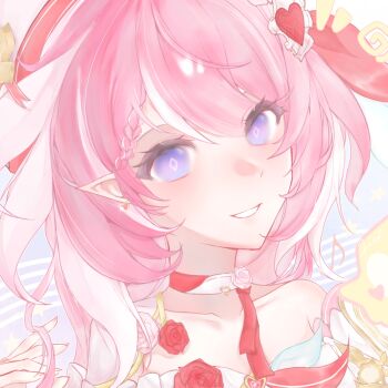 Rule 34 | 1girl, bare shoulders, beret, breasts, chinese commentary, commentary request, elf, elysia (hi love elf) (honkai impact), elysia (honkai impact), hat, highres, honkai (series), honkai impact 3rd, long hair, looking at viewer, medium breasts, multicolored hair, pink hair, pointy ears, portrait, purple eyes, smile, soistesimmer61231, solo, two-tone hair, very long hair, white hair