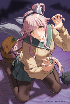 Rule 34 | animal ears, bat (animal), black ribbon, brown pantyhose, brown sweater, claw pose, commentary request, fake animal ears, fake tail, green sailor collar, green skirt, hair ribbon, halloween, highres, kantai collection, kneeling, long hair, looking at viewer, nail polish, open mouth, pantyhose, parted lips, pink hair, pleated skirt, pumpkin, purple nails, ribbon, sailor collar, school uniform, sheep, sidelocks, skirt, smile, solo, sweater, tail, tantaka, wolf ears, wolf tail, yellow eyes, yura (kancolle)