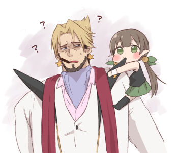 1boy 1girl ? ayumi_(princess_connect!) bare_shoulders beard biting black_shirt black_thighhighs blonde_hair blush_stickers brown_hair chibi cigar collared_shirt dress_shirt earrings elf facial_hair gino_(princess_connect!) green_eyes green_skirt gucchiann highres jacket jewelry long_hair low_twintails mini_person minigirl mouth_hold parted_lips pink_shirt pleated_skirt pointy_ears princess_connect! shirt skirt sleeveless sleeveless_shirt star_(symbol) star_earrings thighhighs twintails very_long_hair white_background white_jacket wrist_cuffs