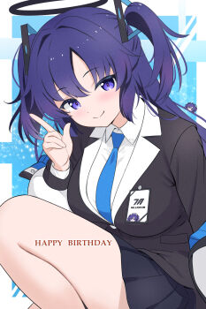 1girl absurdres birthday black_halo blue_archive blue_necktie blue_skirt blush breasts collared_shirt commentary_request hair_ornament halo hand_up happy_birthday highres id_card jacket jacket_partially_removed lanyard large_breasts long_hair long_sleeves looking_at_viewer mechanical_halo necktie purple_eyes purple_hair rikki_(ganba_rikki) shirt simple_background skirt solo thighs triangle_hair_ornament two_side_up white_shirt yuuka_(blue_archive)