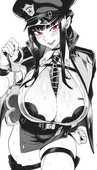 1girl artist_name barcode barcode_tattoo between_breasts blush bra bra_peek breast_tattoo breasts choker collared_shirt commentary cowboy_shot cuffs d_(killer_wife)_(nikke) d_(killer_wife)_(secret_police)_(nikke) d_(nikke) glint goddess_of_victory:_nikke greyscale handcuffs hat highres holding holding_handcuffs holster id_card jacket jacket_on_shoulders large_breasts legs_together long_hair looking_at_viewer miniskirt monochrome necktie necktie_between_breasts official_alternate_costume open_mouth pink_eyes police police_hat police_uniform policewoman revision shirt simple_background skindentation skirt solo spot_color standing sweat tattoo thigh_holster thigh_strap underwear websake