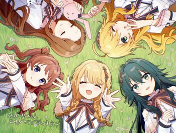 5girls ahoge blonde_hair blue_eyes braid brown_hair closed_eyes commentary flower fujita_kotone gakuen_idolmaster green_eyes green_hair hair_flaps hair_flower hair_ornament hanami_saki highres hoshii_miki idolmaster idolmaster_(classic) jacket long_hair long_sleeves looking_at_viewer low_twin_braids lying minase_iori multiple_girls nnnn on_grass on_ground one_eye_closed reaching reaching_towards_viewer shirt smile stuffed_animal stuffed_rabbit stuffed_toy symbol-only_commentary translation_request tsukimura_temari twin_braids two_side_up upper_body white_jacket white_shirt