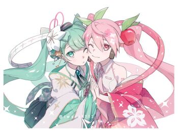 2girls aqua_eyes aqua_hair arm_tattoo bare_shoulders black_skirt cherry_hair_ornament closed_mouth collarbone collared_shirt commentary_request dual_persona floral_print floral_print_kimono flower food-themed_hair_ornament hair_between_eyes hair_ornament hand_to_hand hatsune_miku headphones headset iwato1712 japanese_clothes kimono long_hair looking_at_viewer multiple_girls necktie number_tattoo one_eye_closed pink_eyes pink_hair pink_kimono pink_necktie pleated_skirt print_kimono sakura_miku shirt simple_background skirt sleeveless sleeveless_shirt smile tattoo twintails very_long_hair vocaloid white_background white_flower white_kimono white_shirt