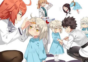 aged_down artoria_pendragon_(fate) bad_id bad_pixiv_id bandages bandaid black_hair blonde_hair blue_dress blush bound braid brown_hair closed_eyes club3 dress fate/grand_order fate_(series) first_aid_kit french_braid fujimaru_ritsuka_(female) fujimaru_ritsuka_(male) gag gagged green_eyes jeanne_d'arc_(fate) jeanne_d'arc_alter_(avenger)_(fate) jeanne_d'arc_alter_(fate) lab_coat leonardo_da_vinci_(caster)_(fate) leonardo_da_vinci_(fate) long_hair long_sleeves looking_at_another open_mouth orange_hair pantyhose ponytail romani_archaman rope saber_(fate) saber_alter shoes short_hair siegfried_(fate) sleeves_rolled_up smile squatting standing tied_up_(nonsexual) white_background white_hair yellow_eyes