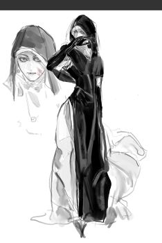 1girl black_bodice black_capelet black_hood blood blood_on_face capelet chenyangforone dress elden_ring elden_ring_nightreign full_body hashtag-only_commentary highres hood multiple_views nun pelvic_curtain red_eyes sketch spot_color standing staring undertaker_(elden_ring) white_background white_dress wiping_face