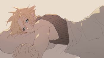1boy black_vest blonde_hair blue_eyes bright_pupils cloud_strife commentary english_commentary fermium.ice final_fantasy final_fantasy_vii final_fantasy_vii_advent_children grey_background head_on_pillow highres holding_hands light_smile lying male_focus morning no_armor on_bed on_stomach pillow pov pov_across_bed reaching reaching_towards_viewer short_hair solo_focus spiked_hair under_covers upper_body vest