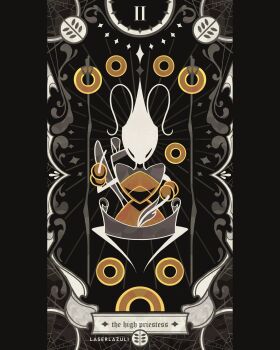 1girl absurdres antennae arthropod_girl artist_name bracelet card_(medium) colored_skin commentary english_commentary english_text full_body gold_ring highres holding holding_map holding_quill hollow_knight hollow_knight:_silksong jewelry laserlazuli map pillarboxed quill ring shakra_(hollow_knight) silk solo spider_web spot_color squatting stick tarot tarot_(medium) the_high_priestess_(tarot) white_mask