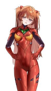 1girl blue_eyes bodysuit border breasts brown_hair cowboy_shot curvy highres lips mecha_pilot_suit neon_genesis_evangelion plugsuit_(evangelion) red_bodysuit shiny_clothes simple_background skin_tight small_breasts solo souryuu_asuka_langley standing tsundere tweak_(ggs_tweak) two_side_up white_background white_border wide_hips
