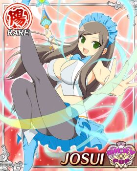 1girl :d black_pantyhose blue_bow blue_bowtie blue_headdress blue_skirt blue_vest border bow bowtie breasts brown_hair card_(medium) character_name cleavage detached_collar english_text frilled_skirt frills game_cg green_eyes high_heels idol_clothes josui_(senran_kagura) large_breasts leg_up long_hair looking_at_viewer midriff navel official_alternate_costume official_art open_mouth outstretched_arm pantyhose senran_kagura senran_kagura_new_wave skirt smile solo swept_bangs vest wand wrist_cuffs