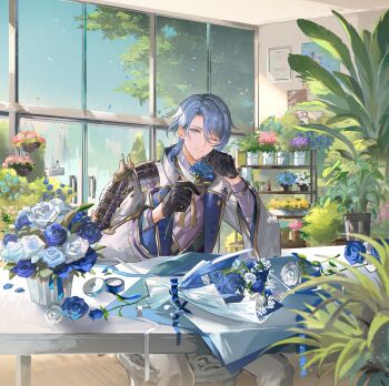 1boy ;) armor black_gloves blue_eyes blue_flower blue_hair blue_rose coat commentary_request flower genshin_impact gloves hands_up highres indoors japanese_armor kamisato_ayato looking_at_viewer male_focus mole mole_under_mouth official_art one_eye_closed plant potted_plant rose second-party_source short_hair shoulder_armor smile sode upper_body white_coat white_flower white_rose