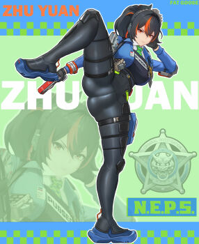 1girl absurdres black_bodysuit black_hair bodysuit breasts character_name fat_goose full_body gun handgun highres holding holding_weapon holster large_breasts multicolored_hair police police_uniform policewoman ponytail solo standing standing_on_one_leg streaked_hair uniform weapon zenless_zone_zero zhu_yuan zoom_layer