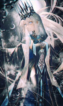 Rule 34 | 1girl, black dress, blue lips, braid, crown, dress, fate/grand order, fate (series), hair between eyes, half up braid, highres, holding, holding polearm, holding weapon, long hair, majamari, morgan le fay (fate), morgan le fay (queen of winter) (fate), polearm, ponytail, solo, standing, two-tone dress, veil, very long hair, weapon, white hair