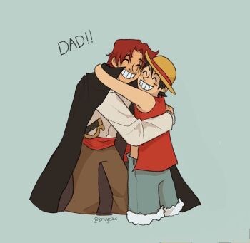 Rule 34 | 2boys, ^ ^, blue shorts, bridgekc, closed eyes, commentary, english commentary, hat, highres, hug, male focus, monkey d. luffy, multiple boys, one piece, red hair, red sash, red shirt, sash, scar, scar across eye, scar on face, shanks (one piece), shirt, short hair, shorts, sleeveless, sleeveless shirt, straw hat, tumblr username, white shirt