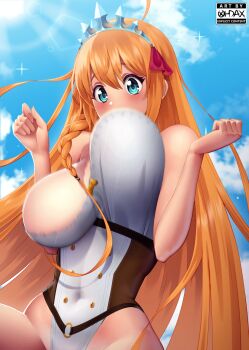 1girl artist_logo artist_name bare_shoulders blue_eyes bouncing_breasts braid breasts cloud covered_navel female_focus highres huge_breasts logo long_hair looking_at_viewer motion_blur motion_lines o-ring ohdax orange_hair outdoors pecorine_(princess_connect!) pelvic_curtain princess_connect! single_braid sky sleeveless solo strapless sunlight tiara upper_body very_long_hair