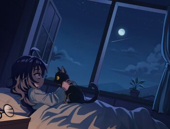 1girl absurdres ahoge black_cat black_hair cat child cloud commentary dark english_commentary full_moon highres indoors long_hair luxuriou_s lying moon night open_window original pajamas plant potted_plant shooting_star sky star_(sky) starry_sky under_covers unworn_eyewear window