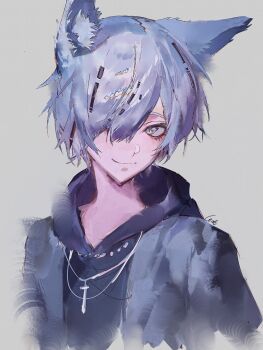 1girl alariess animal_ear_fluff animal_ears arknights black_hoodie closed_mouth cropped_torso cross cross_necklace eyelashes grey_eyes grey_jacket hair_over_one_eye highres hood hood_down hoodie jacket jewelry lappland_(ambience_synesthesia)_(arknights) lappland_(arknights) necklace official_alternate_costume official_alternate_hairstyle open_clothes open_jacket short_hair smile solo wolf_ears