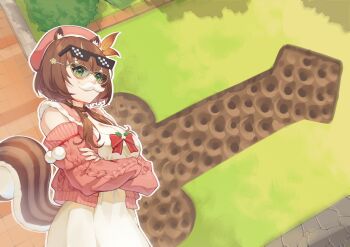 1girl a_game_about_digging_a_hole absurdres acorn_pendant animal_ears ayunda_risu ayunda_risu_(1st_costume) backyard beret breasts brown_choker brown_hair cardigan choker cleavage crossed_arms deal_with_it_(meme) dress eyewear_on_head fake_facial_hair fake_mustache from_above fur_choker garden grass green_eyes hair_ornament hashtag-only_commentary hat highres hololive hololive_indonesia large_breasts leaf_hair_ornament meme penis_doodle phallic_symbol pink_cardigan pink_hat solo squirrel_ears squirrel_girl squirrel_tail sunglasses tail virtual_youtuber white_dress yellow-framed_eyewear zetsuental