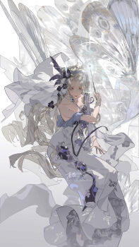 1girl absurdres bare_shoulders bead_bracelet bead_choker beads bird black_flower bracelet bug butterfly casting_spell chest_jewel chinese_commentary choker commentary_request commission cross cross_print dove dress floating_clothes floating_hair flower frilled_dress frilled_sleeves frills full_body gem gradient_background grey_background grey_hair hair_flower hair_ornament highres holding holding_wand insect invisible_chair jewelry long_dress long_hair looking_ahead off-shoulder_dress off_shoulder original pleated_dress print_dress purple_eyes purple_gem purple_sleeves short_sleeves signature sitting solo veil very_long_hair wand wavy_hair white_background white_choker white_veil yu_hua_(mhs_4996368)