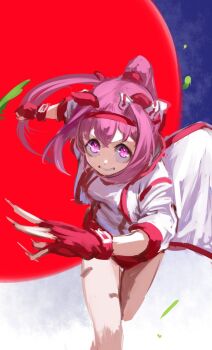 1girl animal_ears bandaid bandaid_on_leg bow buruma clenched_teeth ear_bow ear_covers fingerless_gloves flower-shaped_pupils flower_in_eye gloves haru_urara_(bestest_prize)_(umamusume) haru_urara_(umamusume) headband highres horse_ears horse_girl horse_tail inishie_kumo jacket long_hair looking_at_viewer open_mouth parted_lips pink_buruma pink_eyes pink_hair pink_headband ponytail red_buruma red_gloves red_headband running shirt solo symbol-shaped_pupils symbol_in_eye tail teeth umamusume white_jacket white_shirt