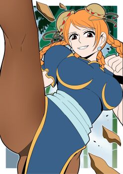 1girl absurdres alternate_hairstyle blue_dress braid breasts brown_eyes capcom china_dress chinese_clothes chun-li chun-li_(cosplay) cosplay degamishiro dress grin highres kicking large_breasts leg_up long_hair looking_at_viewer nami_(one_piece) one_piece orange_hair pantyhose puffy_short_sleeves puffy_sleeves short_sleeves smile street_fighter