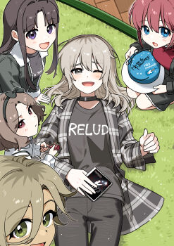 Rule 34 | 5girls, absurdres, awa subaru, birthday cake, black bow, black choker, black hair, black jacket, black shirt, blue eyes, bow, brown eyes, brown hair, cake, choker, commentary request, dated, ebizuka tomo, food, girls band cry, grey eyes, grey hair, habsida (habsida hpy), hair between eyes, hair bow, happy birthday, highres, iseri nina, jacket, kawaragi momoka, long hair, long hair between eyes, lying, mole, mole under eye, multicolored hair, multiple girls, on back, open mouth, parted bangs, red eyes, red hair, red shirt, roots (hair), rupa (girls band cry), shirt, short hair, sidelocks, togenashi togeari