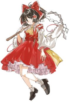 Rule 34 | 1girl, ascot, black hair, black shoes, bow, commentary request, detached sleeves, frilled bow, frilled hair tubes, frills, full body, gohei, grey eyes, hair bow, hair tubes, hakurei reimu, holding, holding gohei, konabetate, looking at viewer, medium hair, parted lips, red bow, red skirt, red vest, shoes, simple background, skirt, socks, solo, touhou, vest, white background, white sleeves, white socks, wide sleeves, yellow ascot