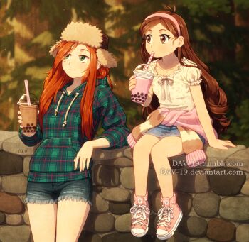 2girls alternate_costume antenna_hair artist_name blouse blurry blush brown_eyes brown_hair closed_mouth clothes_around_waist collarbone commentary cup cutoffs dav-19 denim denim_shorts denim_skirt depth_of_field deviantart_username disney drinking_straw flannel forest freckles gravity_falls green_eyes hair_over_one_eye hairband hat holding holding_cup hood hoodie long_sleeves looking_away mabel_pines multiple_girls nature on_wall outdoors pink_shoes plaid_clothes plaid_hoodie red_hair shirt shoes shorts sitting skirt smile sneakers standing stone_wall summer sunset sweater sweater_around_waist tumblr_username wall watermark web_address wendy_corduroy white_shirt