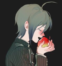 Rule 34 | 1boy, absurdres, ahoge, apple, aqua hair, black background, black jacket, black sleeves, blush, buttons, closed eyes, collared jacket, colored eyelashes, colored tips, danganronpa (series), danganronpa v3: killing harmony, double-breasted, eating, fingernails, food, from side, fruit, highres, holding, holding food, holding fruit, jacket, layered sleeves, long sleeves, male focus, mimulishizi, multicolored hair, open mouth, pinstripe jacket, pinstripe pattern, pinstripe sleeves, pointy nose, saihara shuichi, short hair, simple background, solo, teeth, upper body, upper teeth only